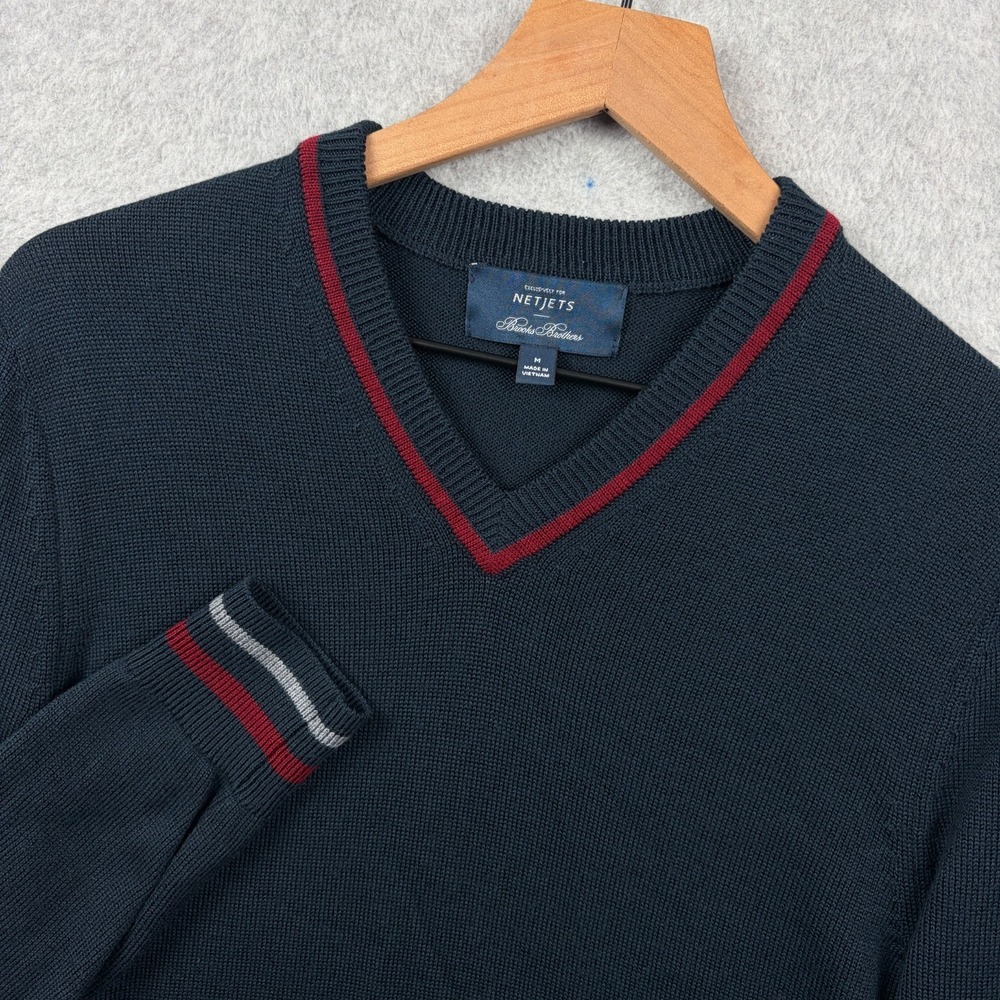 Brooks Brothers Sweater Mens Medium Blue V Neck NetJets Merino Wool Pullover